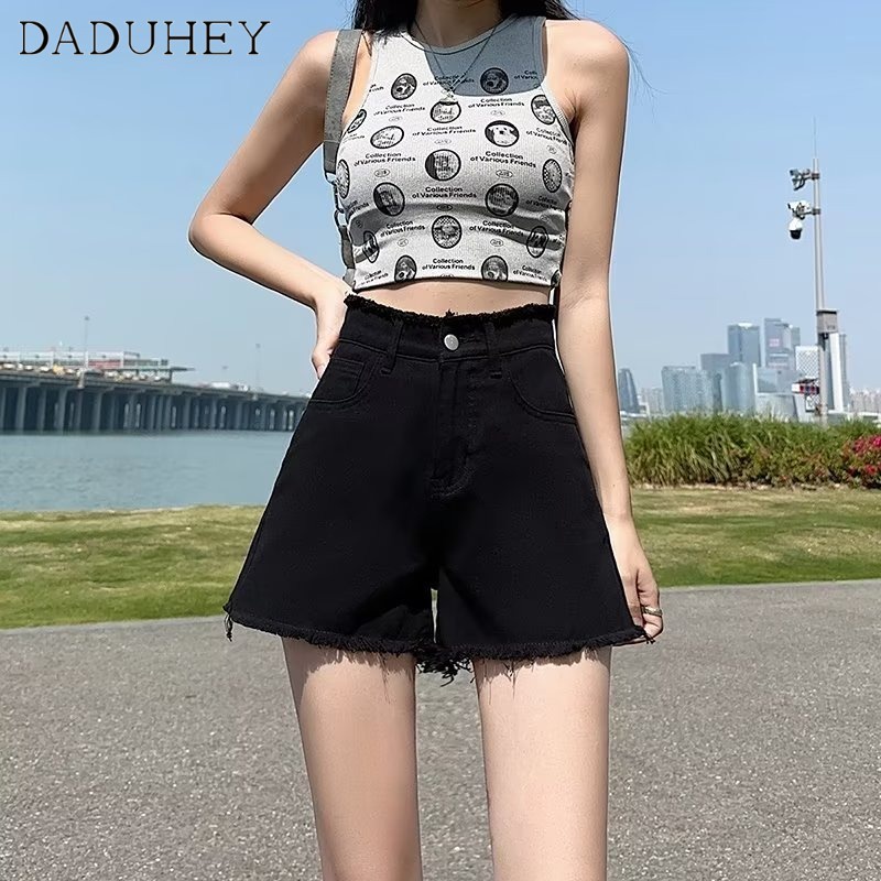 Quần short denim DADUHEY size lớn ống rộng cạp cao viền thô thời trang phong cách Hàn Quốc cho nữ