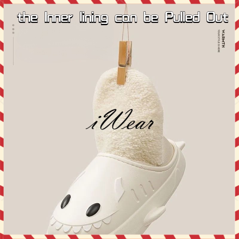 Dép bông cá mập hoạt hình nữ, Dép mùa đông đế dày chống thấm nước, Giày cotton mỉm cười dễ thương