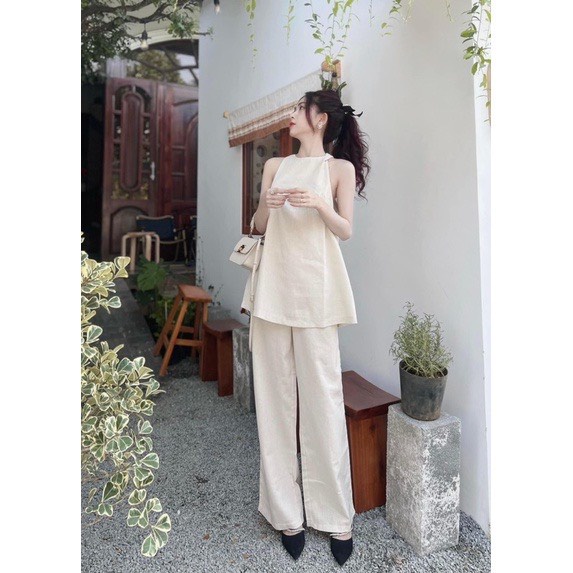 ✨BÁN SỈ✨Set đũi suông màu be áo cúc lưng xẻ