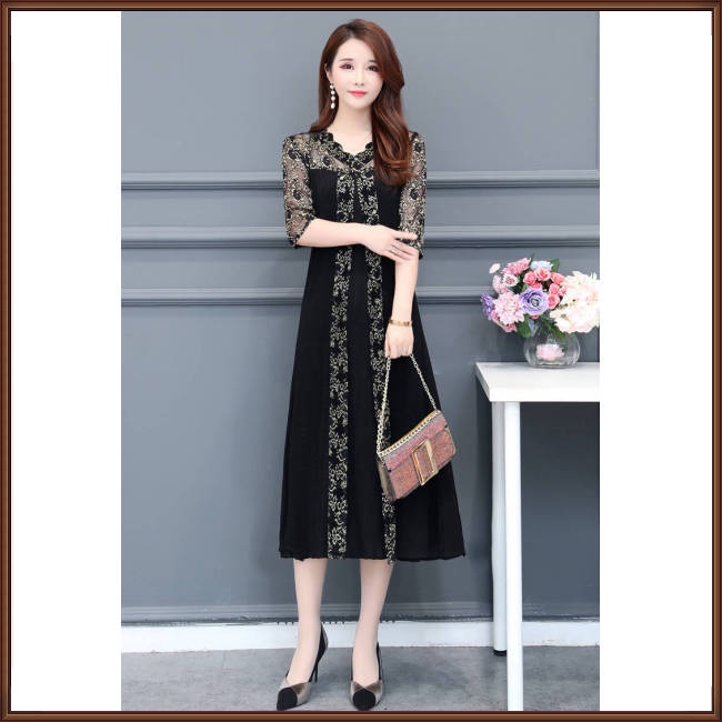 Đầm Dáng Rộng Cổ Chữ V Phối Lưới In Họa Tiết Xinh Xắn Thời Trang Cho Nữ