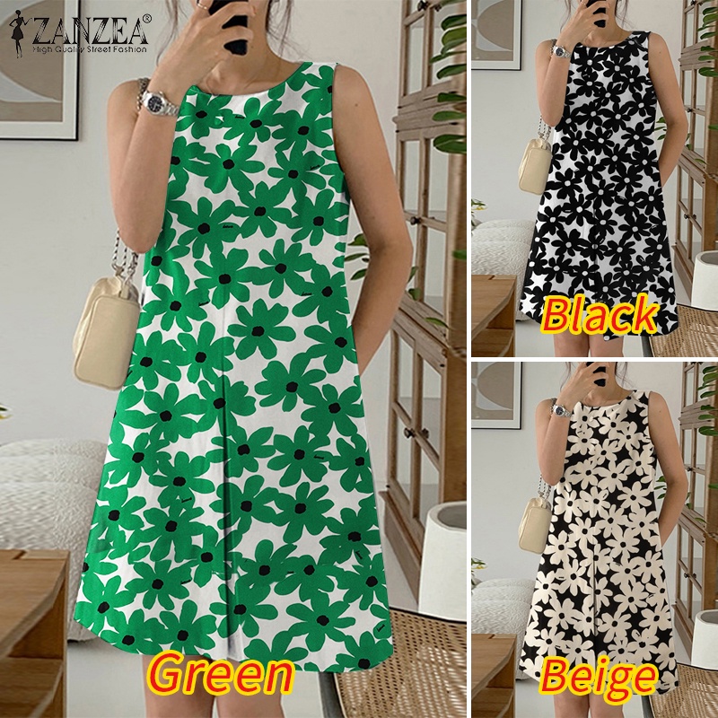Đầm ZANZEA không tay cổ tròn in họa tiết thời trang Hàn Quốc cho nữ