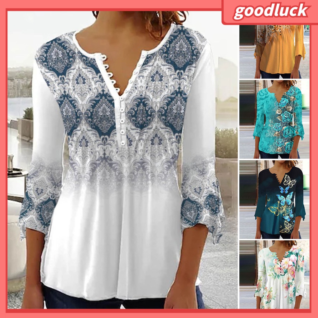 [ULK] Áo Sơ Mi Tay Lửng Dáng Rộng Cổ Chữ V In Hoa Một Hàng Nút Thời Trang Xuân Hè