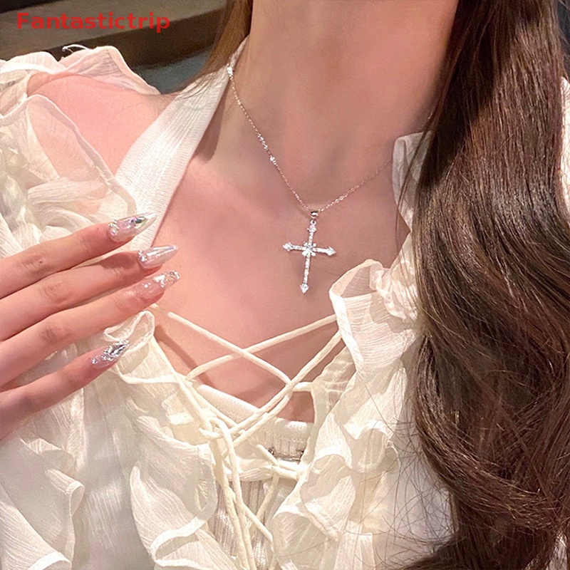 [Fantastictrip] Vòng Cổ Choker Dây Xích Mặt Chữ Thập Đính Đá Zircon Màu Bạc Thời Trang Mới Cho Nữ