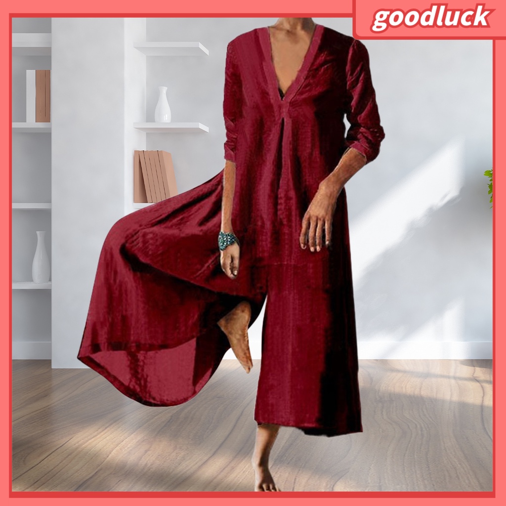 Áo Liền Quần Cổ Chữ V Tay 3 / 4 Ống Rộng Màu Sắc Trơn Thời Trang Mùa Thu Cho Nữ