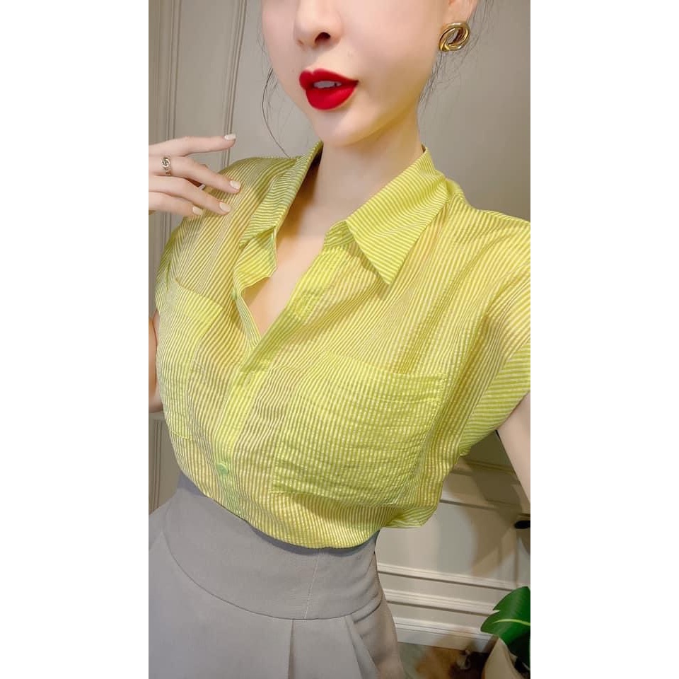 Áo sơ mi kẻ sọc tay liền cánh dơi túi ngực vải tơ đũi H202