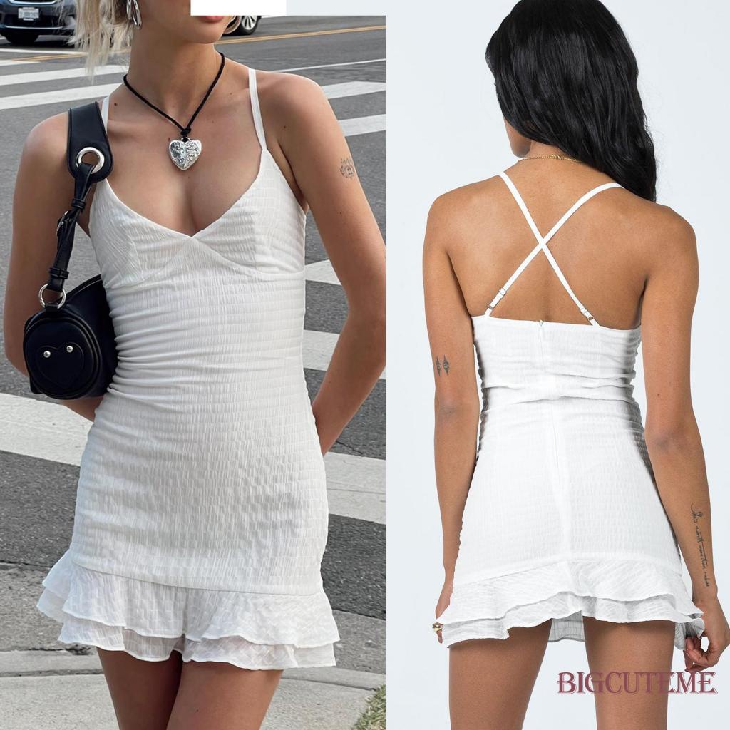 [] - Đầm Mini Hai Dây Cổ Chữ V Viền Bèo Nhún Thời Trang Mùa Hè Màu Trắng Cho Nữ