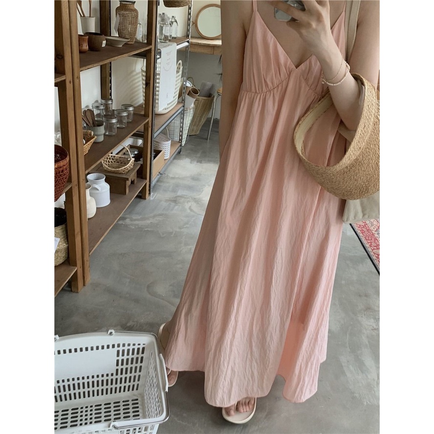 Đầm Hai Dây Dáng Dài Cổ Chữ V Màu Hồng Nữ Tính