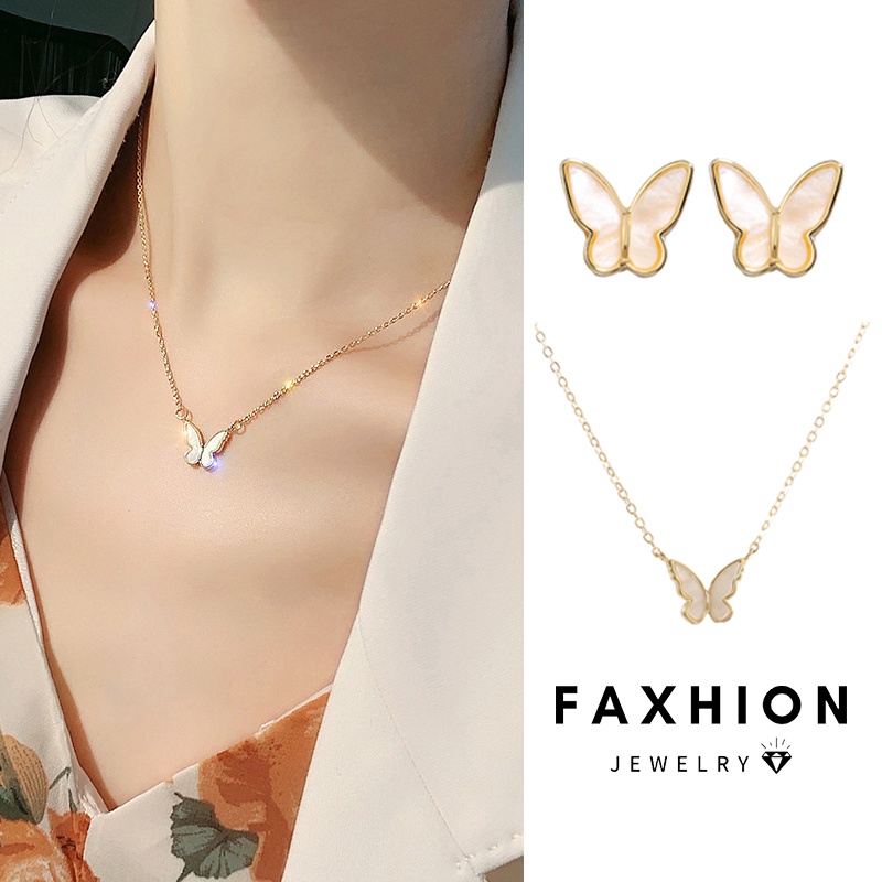 Bộ Vòng cổ + Bông Tai Kiểu Đinh Tán Hình Bướm Vỏ Sò Màu Vàng Sang Trọng Cho