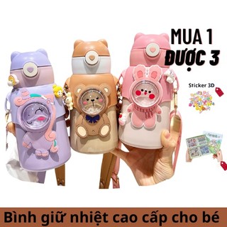 Bình bình đựng giữ nhiệt trẻ em mang đi học có dây đeo và ống hút tặng kèm sticker