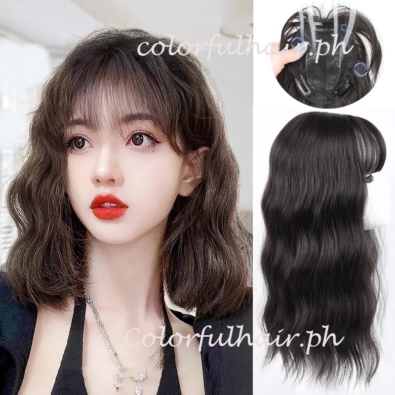 Tóc Giả Nữ Mái Ngang Gợn Sóng Bằng Sợi Tổng Hợp Màu Đen Và Nâu