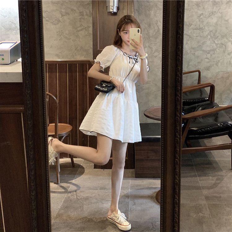 Đầm Ngắn Tay Phồng Đính Nơ Màu Trắng Thiết Kế Mới Thời Trang Mùa Hè Dành Cho Nữ