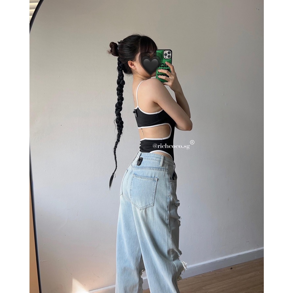 Bodysuits ĐEN viền trắng 2 dây hở lưng IAM