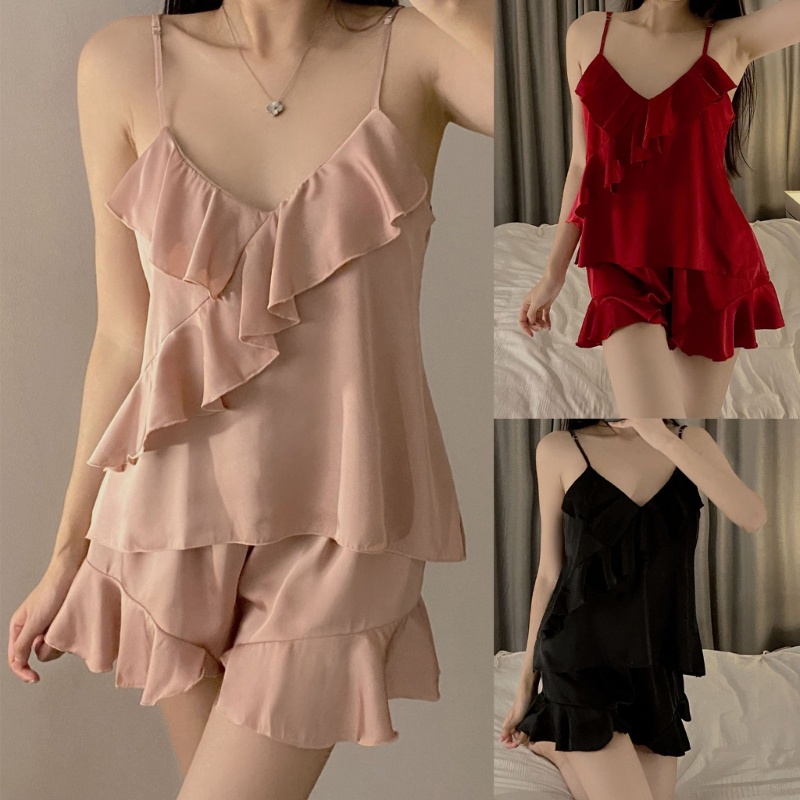 Bộ Đồ Ngủ 2 Món Áo Không Tay Viền Lá Sen Màu Trơn Thoáng Khí Phối Quần Short Thời Trang Mùa Hè Cho Bạn Gái