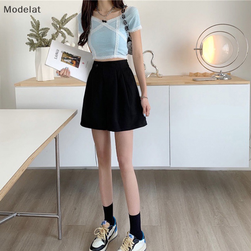 Quần Short Chữ A Lưng Cao Ống Rộng Màu Đen Phong Cách Hàn Quốc Thời Trang Xuân Hè 2023 Cho Bạn Gái