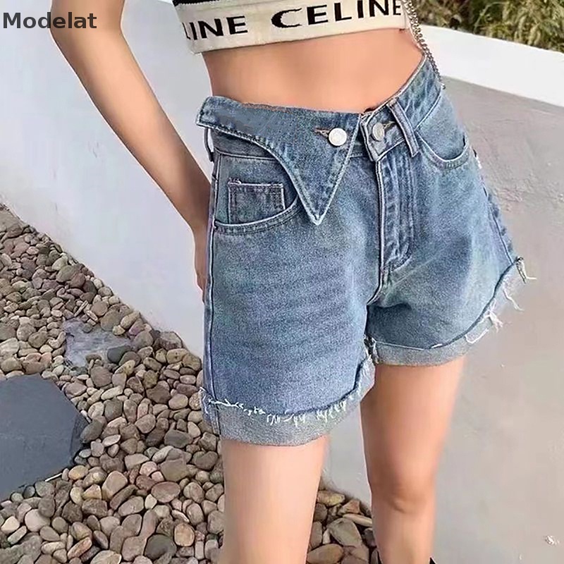 Quần Short Jean Lưng Cao Co Giãn Màu Trơn Đơn Giản Thời Trang Mùa Hè 2023 Phong Cách Hàn Quốc Cho Nữ