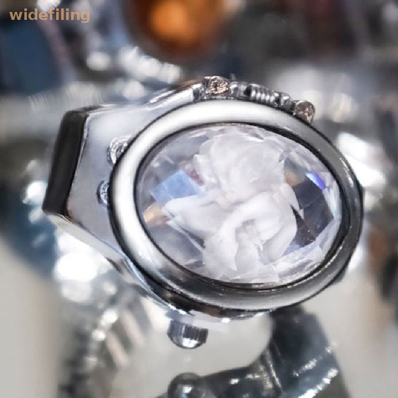 Đồng Hồ Đeo Tay Dạng Nhẫn Bản Rộng Đính Đá Hình Oval Mini Co Giãn Phong Cách Punk Cổ Điển Thời Trang Unisex