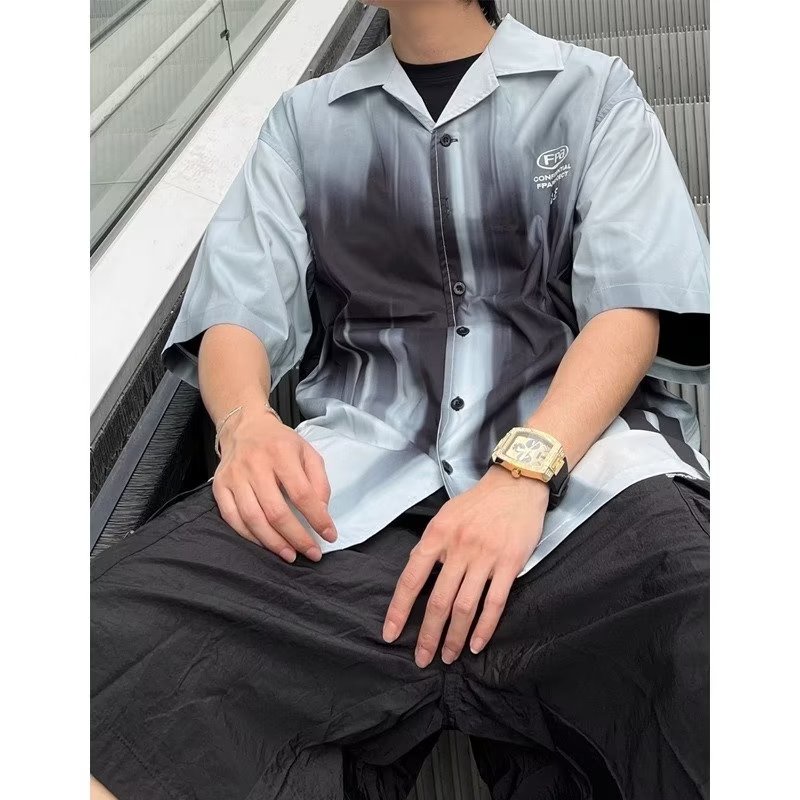 Áo Sơ Mi Tay Ngắn Dáng Rộng Nhuộm Màu Độc Đáo Cỡ Lớn 150kg Thời Trang Cá Tính Cho Nam