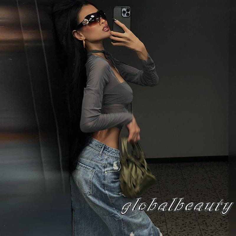 Áo Crop Top Tay Dài Cổ Vuông Phối Lưới Màu Sắc Thời Trang Dành Cho Nữ