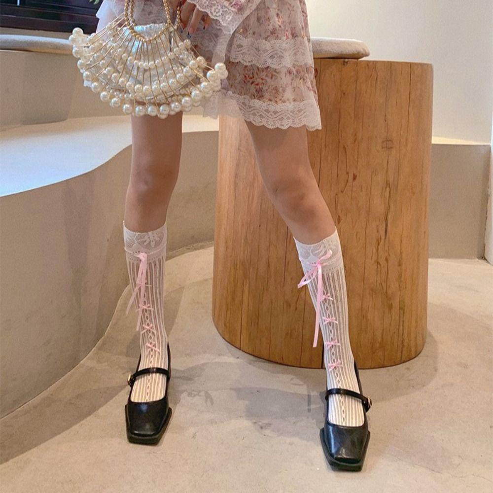 Anemone Vớ Lưới Rỗng Họa Tiết Kẻ Sọc Phối Ruy Băng Màu Trơn Khử Mùi Thời Trang Xuân Hè