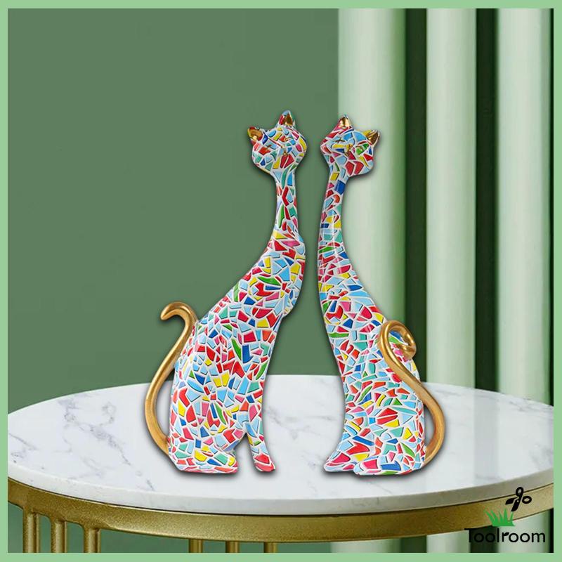 [Toolroom] Tượng Mèo Cặp Đôi Bằng Nhựa Resin Vẽ Tay Nghệ Thuật Trừu Tượng Trang Trí Bàn Làm Việc