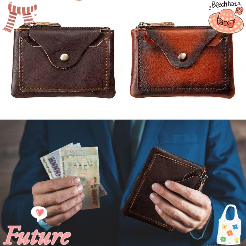 Ví Da Đựng Tiền Xu Màu Cà Phê Có Khóa Kéo Phong Cách Vintage