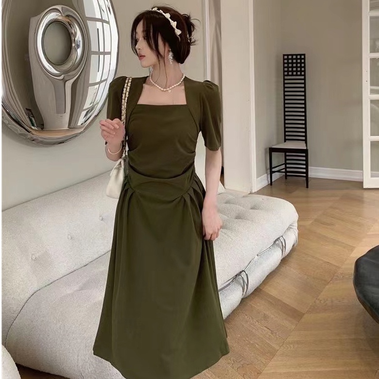 Đầm Tay Ngắn Cổ Vuông Màu Sắc Đơn Giản Phong Cách Pháp Thời Trang Mùa Hè Xinh Xắn Cho Nữ