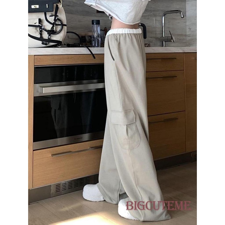 Quần Dài Lưng Thun Dáng Rộng Có Túi Phong Cách Đường Phố Cho Nữ
