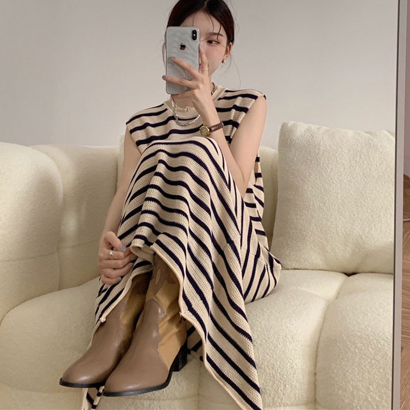 Đầm YOU YOU dệt kim mỏng sát nách dáng rộng họa tiết kẻ sọc phong cách Pháp thời trang mùa hè cho nữ