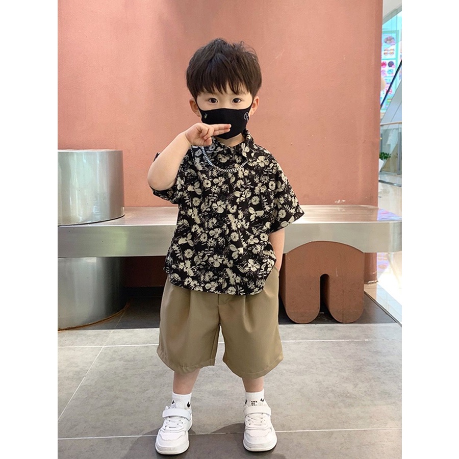 Bộ Áo Sơ Mi Ngắn Tay + Quần Short In Hoa Thời Trang Mùa Hè 2023 Cho Bé Trai