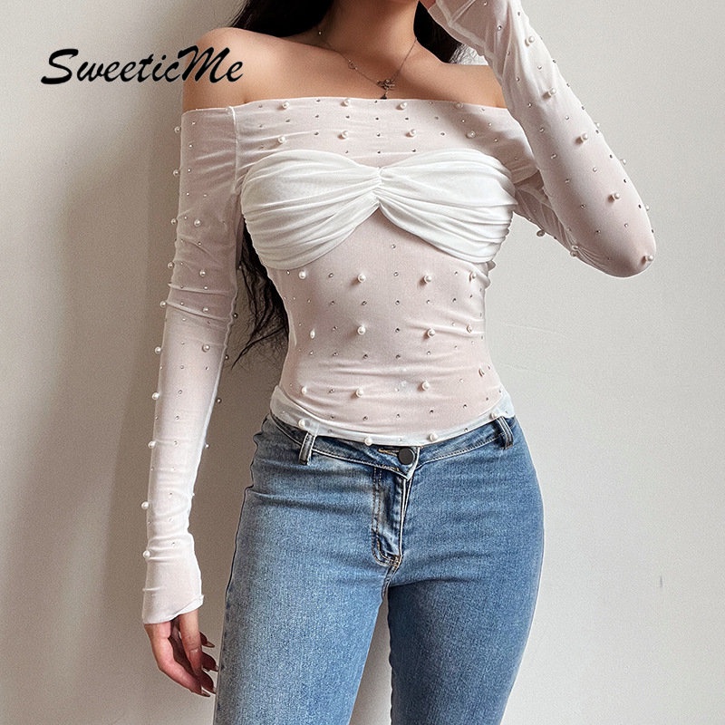 Áo Thun Tay Dài Hở Vai Màu Trơn Thời Trang Mới 2023 Dành Cho Bạn Nữ