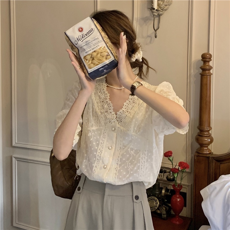 Áo sơ mi SUXI tay ngắn cổ chữ V dáng rộng đơn giản thời trang mùa hè cho nữ