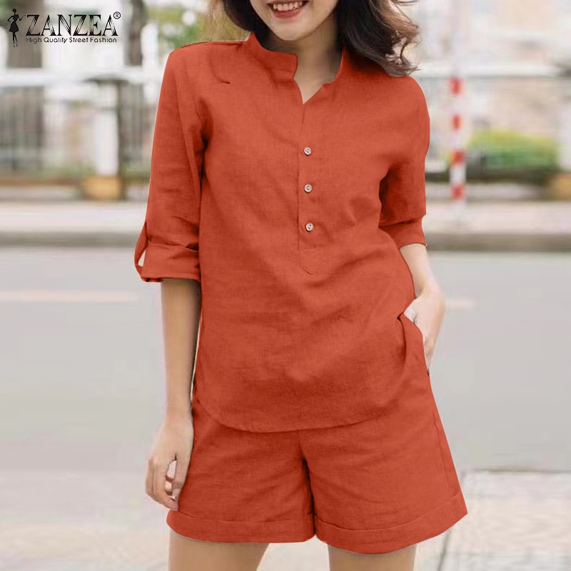 Zanzea Bộ Áo Sơ Mi Cotton Cổ Đứng Phối Quần Short Kiểu Vintage Thời Trang