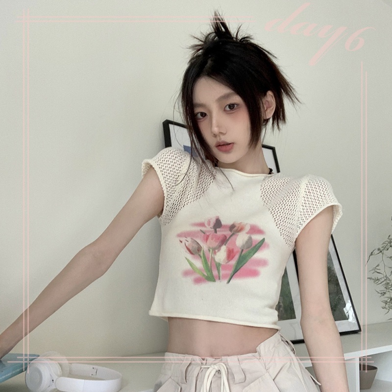 Áo Thun Dệt Kim Cổ Tròn Khoét Lỗ Đơn Giản Ngọt Ngào Cho Nữ