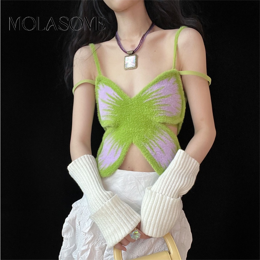 MOLASOME Áo Tank Top Dệt Kim Dáng Ôm In Họa Tiết Bướm 3D Kiểu Hàn Quốc Thời Trang 2023 Cho Bạn Gái