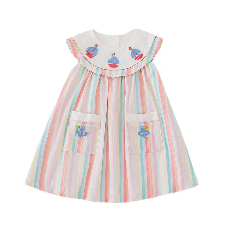 Đầm Sát Nách Thêu Họa Tiết Sọc Màu Sắc Hải Quân Thời Trang Mùa Hè 2023 Cho Bé Gái - 0605