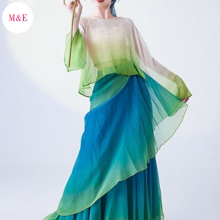 M &amp; E 2023 Áo Váy Lưới Dáng Dài Màu Gradient Phong Cách Mới Cổ Điển Thanh Lịch Khiêu Vũ Cho Nữ