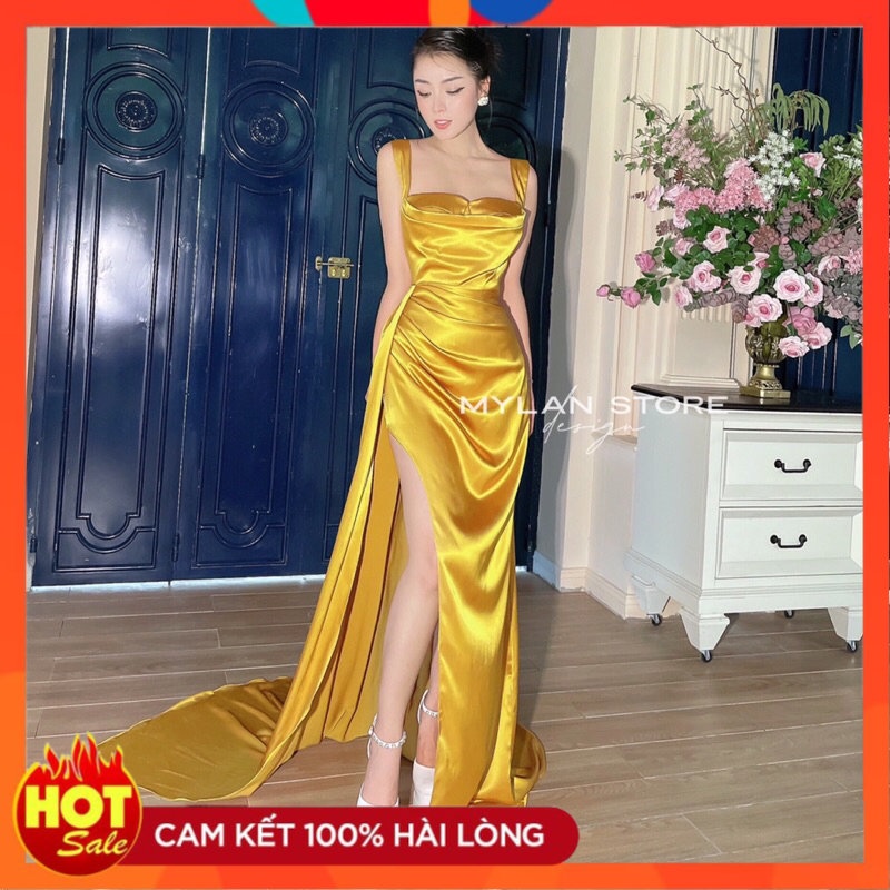 Đầm dạ hội phi lụa hai dây tà dài cao cấp-ML - Yêu Shop 85