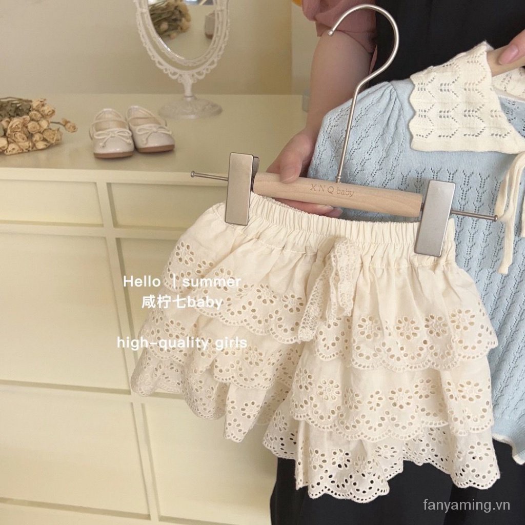 Bộ Áo Cotton Dệt Kim Tay Ngắn Phối Ren + Quần Short Thời Trang Mùa Hè Mới 2023 Cho Bé Gái QLZ1