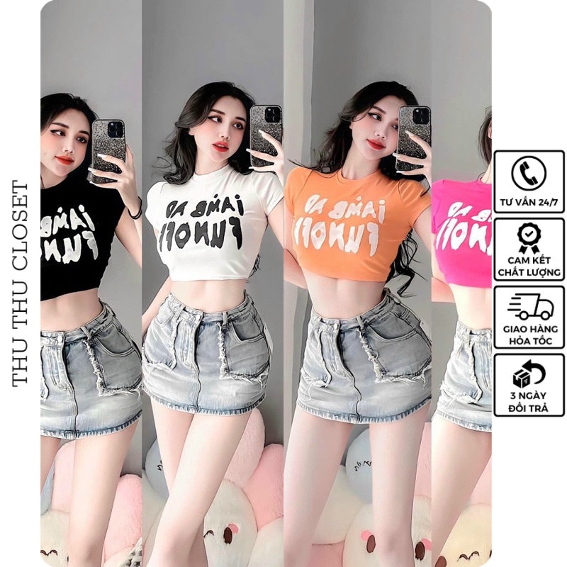 Áo cộc tay croptop chữ 4 màu trắng, cam, hồng, đen siêu đẹp