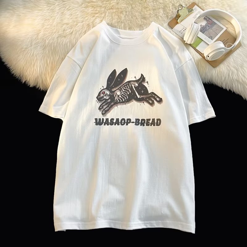 Áo Thun Cotton Tay Ngắn Dáng Rộng In Hình Thỏ Bông Màu Trơn Dễ Phối Đồ Thời Trang Mùa Hè Cho Nam Và Nữ