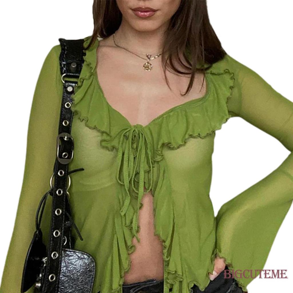 Áo Croptop Tay Dài Phối Lưới Xuyên Thấu Cột Nơ Trước Phong Cách Đường Phố Thời Trang Mùa Hè Cho Nữ