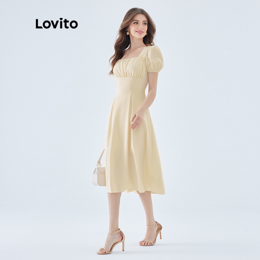 Đầm dạ hội Lovito may nhún chun phối xếp nếp tay phồng màu trơn thường ngày cho nữ L49ED087 (màu trắng ngà)