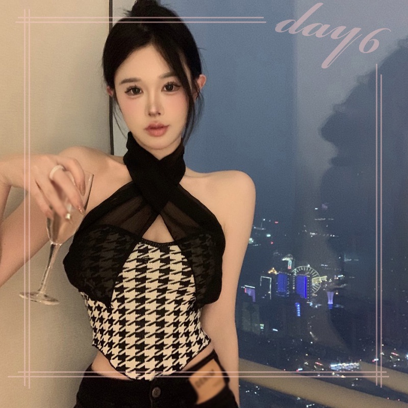 Áo Croptop Dệt Kim Phối Lưới Phong Cách Retro Cho Nữ