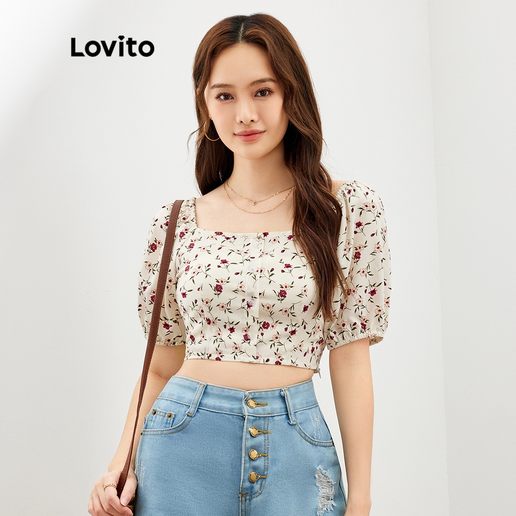 Áo LOVITO có khóa kéo nút cài họa tiết hoa nhỏ phong cách boho dành cho nữ L47ED105 (màu trắng)