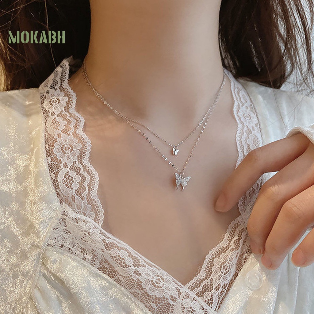 Vòng cổ Hai Lớp Mặt Hình Bướm Đính Đá Thời Trang Dành Cho Nữ
