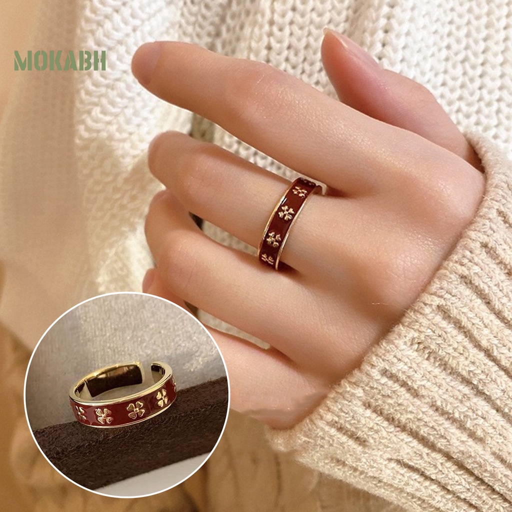 [Mới] Nhẫn Dạng Mở Hình Cỏ Bốn Lá Bằng Kim Loại Tráng Men Màu Đỏ Thanh Lịch Có Thể Điều Chỉnh Kích