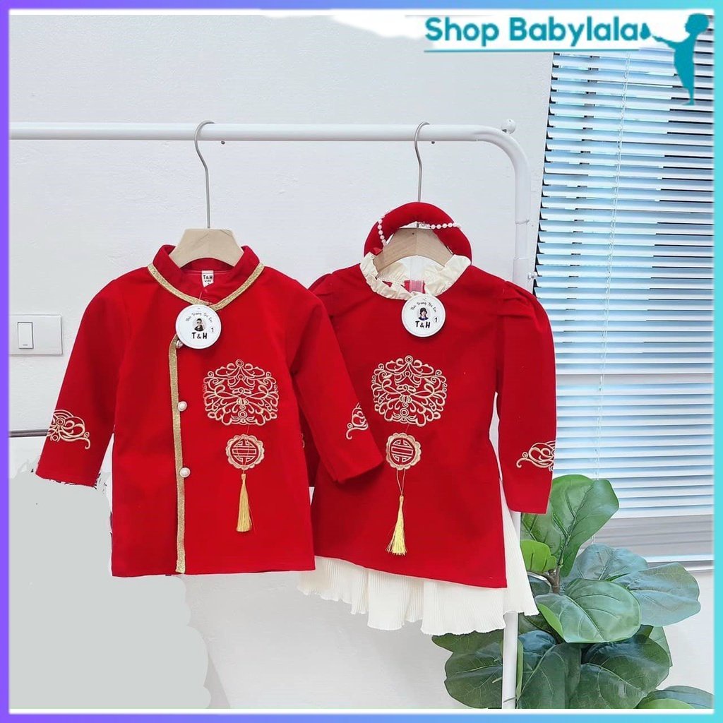 Áo dài cách tân cho bé trai bé gái diện tết chất nhung cao cấp Áo dài cặp nam nữ anh em màu đỏ cực đẹp từ 8-22kg
