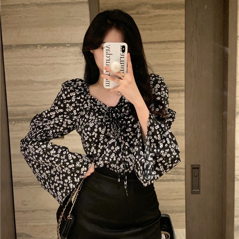 COZOK Áo Kiểu Tay Phồng Cổ Vuông Dáng Ôm In Hoa Thời Trang Quyến Rũ Cho Nữ