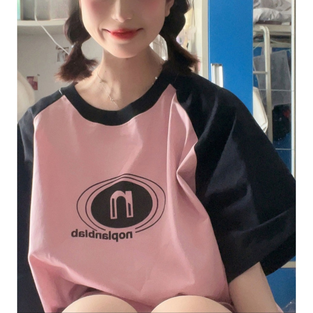 Áo Thun Raglan Tay Ngắn Raglan Màu Hồng Thời Trang Mùa Hè Dành Cho Nữ