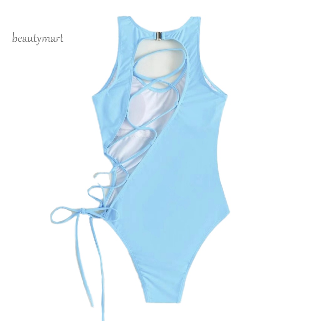 [beautymart] Đồ Bơi Một Mảnh Co Giãn Dây Buộc Nhiều Màu Sắc Trơn Họa Tiết Hoa Rỗng Có Thể Điều Chỉnh Cho Nữ